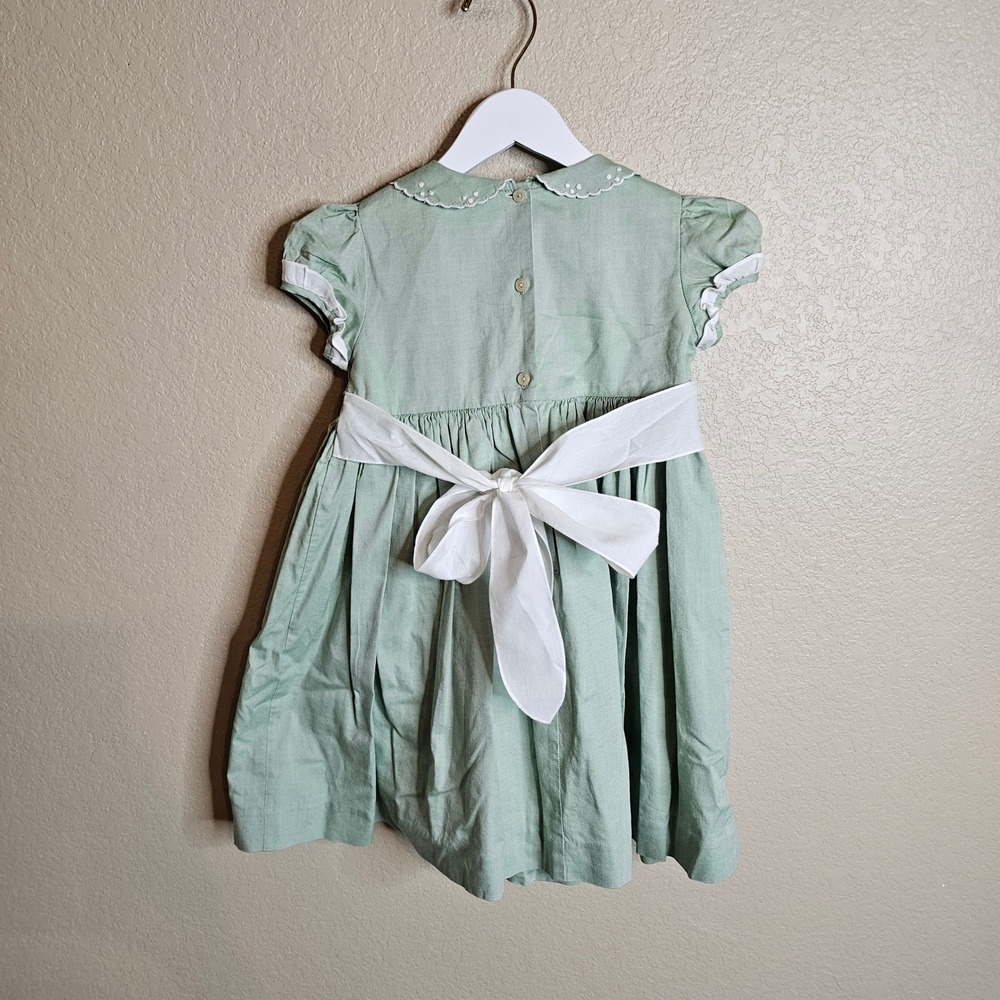 Pepa London Signature Girls Green Hand Smocked Cotton Dress Peter Pan Collar 4 - Picture 8 of 10